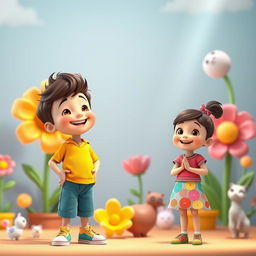 An animated scene comparing a tall boy and a small girl standing side by side in a cheerful environment
