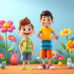 An animated scene comparing a tall boy and a small girl standing side by side in a cheerful environment