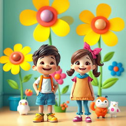 An animated scene comparing a tall boy and a small girl standing side by side in a cheerful environment