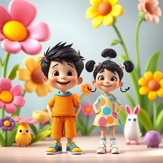 An animated scene comparing a tall boy and a small girl standing side by side in a cheerful environment