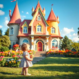 A whimsical scene featuring a small child standing in front of a large, colorful house that looks like a fairytale castle