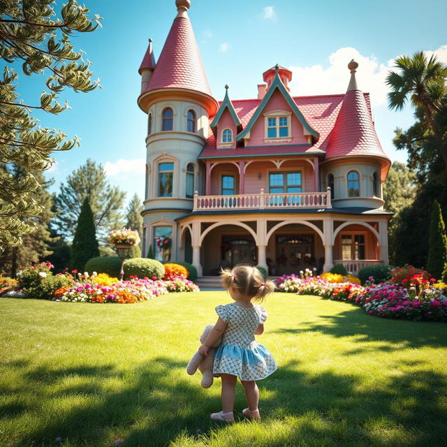 A whimsical scene featuring a small child standing in front of a large, colorful house that looks like a fairytale castle