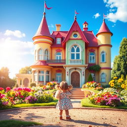 A whimsical scene featuring a small child standing in front of a large, colorful house that looks like a fairytale castle