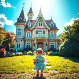 A whimsical scene featuring a small child standing in front of a large, colorful house that looks like a fairytale castle