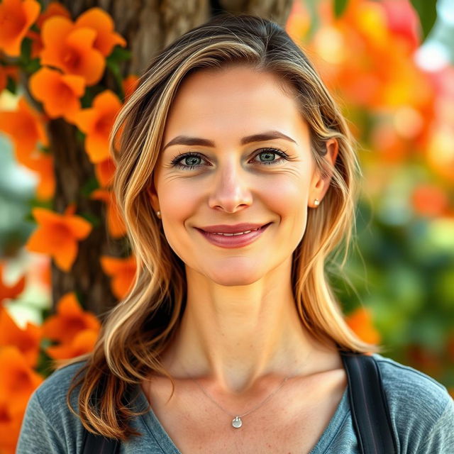 A full-length photo of a woman aged 30-35 with a natural appearance, showcasing minimal makeup and well-groomed hair