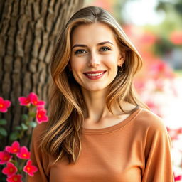 A full-length photo of a woman aged 30-35 with a natural appearance, showcasing minimal makeup and well-groomed hair