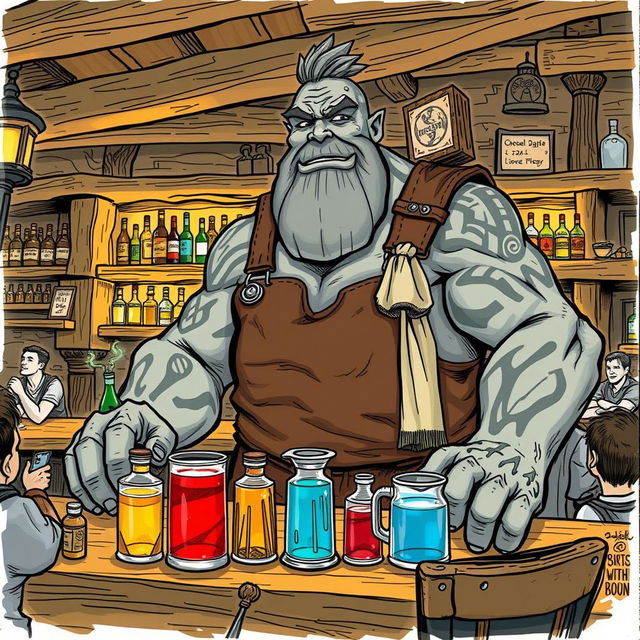 An illustration sketch of a Dungeons & Dragons Goliath as a barkeeper, featuring a large, muscular Goliath with grey, rocky skin and tribal tattoos