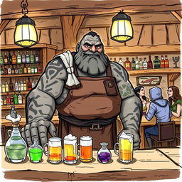 An illustration sketch of a Dungeons & Dragons Goliath as a barkeeper, featuring a large, muscular Goliath with grey, rocky skin and tribal tattoos