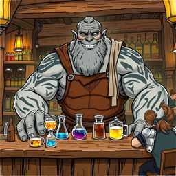 An illustration sketch of a Dungeons & Dragons Goliath as a barkeeper, featuring a large, muscular Goliath with grey, rocky skin and tribal tattoos