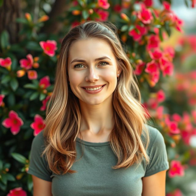 A full-length photo of a woman aged 30-35 with a natural appearance, featuring minimal makeup and well-groomed hair