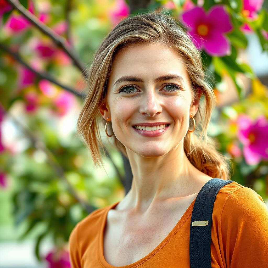 A full-length photo of a woman aged 30-35 with a natural appearance, featuring minimal makeup and well-groomed hair