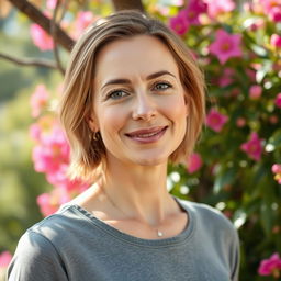 A full-length photo of a woman aged 30-35 with a natural appearance, featuring minimal makeup and well-groomed hair