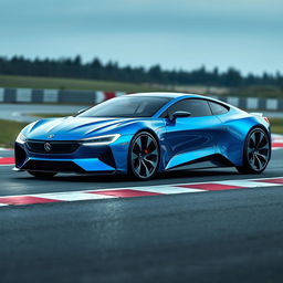 An electric blue pearl metallic futuristic Norwegian 2-door coupe on a racetrack, showcasing a sleek, low-profile design with sharp, angular features complemented by a smoothly curved roof