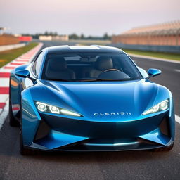An electric blue pearl metallic futuristic Norwegian 2-door coupe on a racetrack, showcasing a sleek, low-profile design with sharp, angular features complemented by a smoothly curved roof
