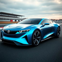 An electric blue pearl metallic futuristic Norwegian 2-door coupe on a racetrack, showcasing a sleek, low-profile design with sharp, angular features complemented by a smoothly curved roof