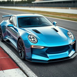An electric blue pearl metallic futuristic Norwegian 2-door coupe on a racetrack, showcasing a sleek, low-profile design with sharp, angular features complemented by a smoothly curved roof