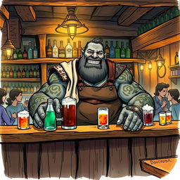 A color sketch illustration of a Dungeons & Dragons Goliath serving as a barkeeper, showcasing a sturdy, muscular Goliath with grey skin, adorned with intricate tribal tattoos
