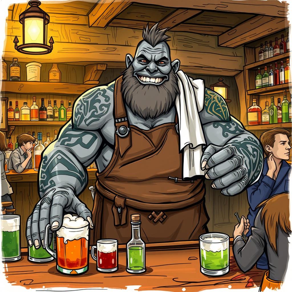 A color sketch illustration of a Dungeons & Dragons Goliath serving as a barkeeper, showcasing a sturdy, muscular Goliath with grey skin, adorned with intricate tribal tattoos