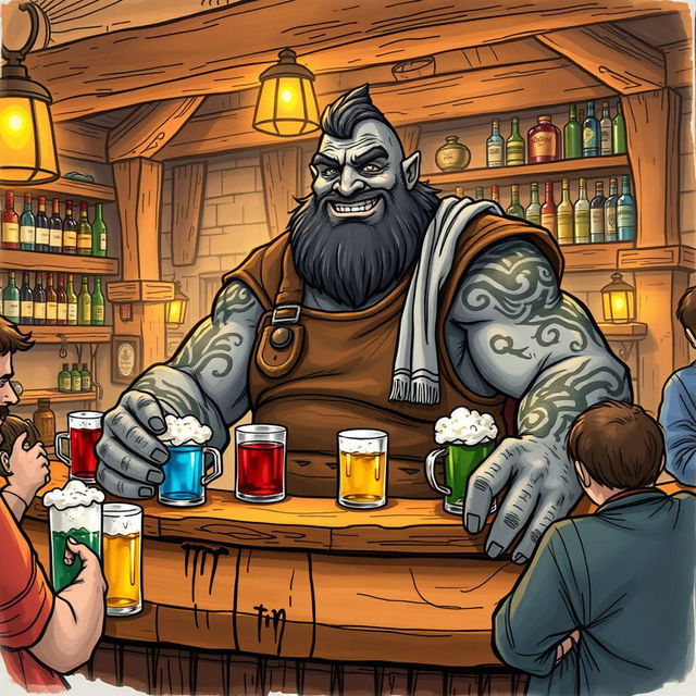 A color sketch illustration of a Dungeons & Dragons Goliath serving as a barkeeper, showcasing a sturdy, muscular Goliath with grey skin, adorned with intricate tribal tattoos