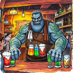 A color sketch illustration of a Dungeons & Dragons Goliath serving as a barkeeper, showcasing a sturdy, muscular Goliath with grey skin, adorned with intricate tribal tattoos