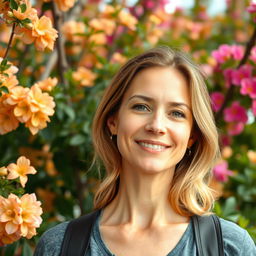 A full-length photo of a woman aged 30-35 with a natural appearance, featuring minimal makeup and well-groomed hair