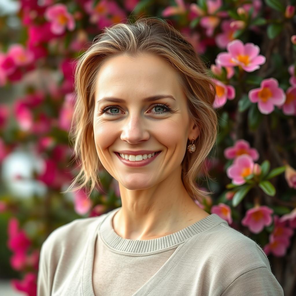 A full-length photo of a woman aged 30-35 with a natural appearance, featuring minimal makeup and well-groomed hair