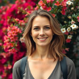 A full-length photo of a woman aged 30-35 with a natural appearance, featuring minimal makeup and well-groomed hair