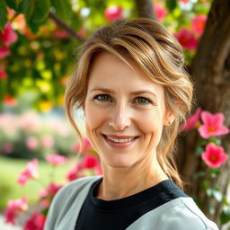 A full-length photo of a woman aged 30-35 with a natural appearance, featuring minimal makeup and well-groomed hair