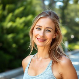 A full-length photo of a woman aged 30-35 with a natural appearance, featuring minimal makeup and well-groomed hair