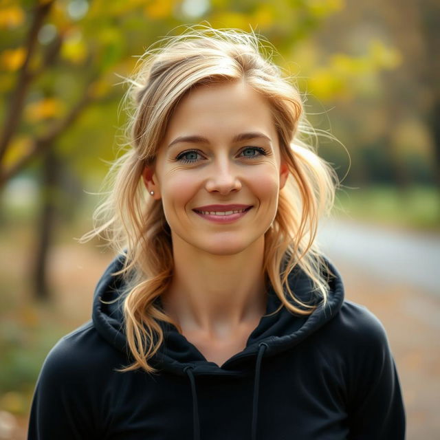 A full-length photo of a woman aged 30-35 with a natural appearance, featuring minimal makeup and well-groomed hair