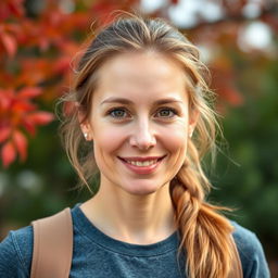 A full-length photo of a woman aged 30-35 with a natural appearance, featuring minimal makeup and well-groomed hair
