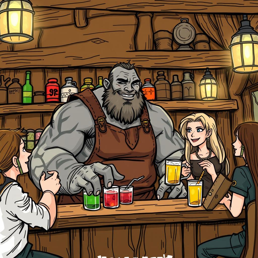 A sketch illustration of a Dungeons & Dragons Goliath as a barkeeper, depicted as a moderately sized Goliath with a gentle demeanor, showing a warm smile and friendly expression