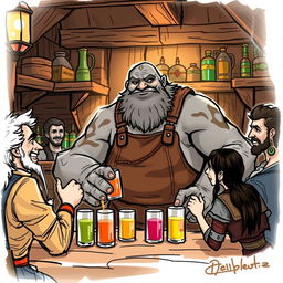 A sketch illustration of a Dungeons & Dragons Goliath as a barkeeper, depicted as a moderately sized Goliath with a gentle demeanor, showing a warm smile and friendly expression