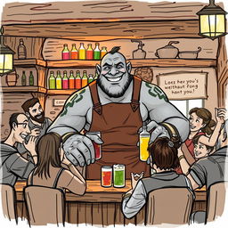 A sketch illustration of a Dungeons & Dragons Goliath as a barkeeper, depicted as a moderately sized Goliath with a gentle demeanor, showing a warm smile and friendly expression