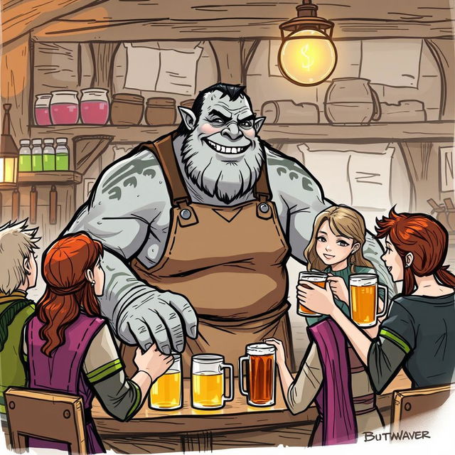 A sketch illustration of a Dungeons & Dragons Goliath as a barkeeper, depicted as a moderately sized Goliath with a gentle demeanor, showing a warm smile and friendly expression