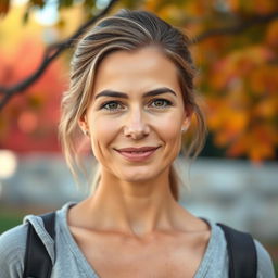 A full-length photo of a woman aged 30-35 with a natural appearance, showcasing minimal makeup and well-groomed hair