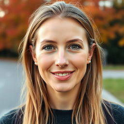 A full-length photo of a woman aged 30-35 with a natural appearance, showcasing minimal makeup and well-groomed hair