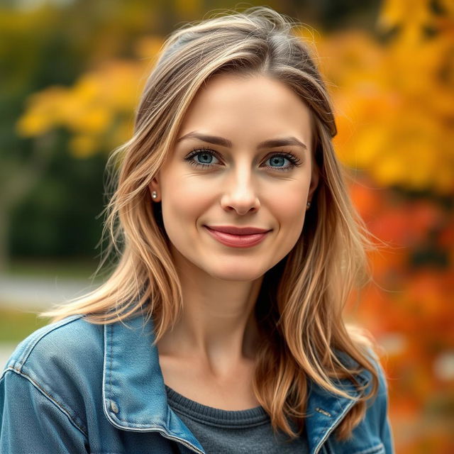 A full-length photo of a woman aged 30-35 with a natural appearance, showcasing minimal makeup and well-groomed hair