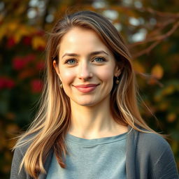 A full-length photo of a woman aged 30-35 with a natural appearance, showcasing minimal makeup and well-groomed hair