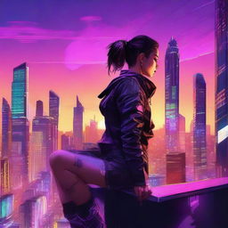 A striking digital art piece depicting a young woman in cyberpunk attire, perched high above a futuristic cityscape