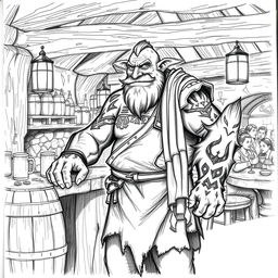 A pencil sketch illustration of a Dungeons & Dragons Goliath serving as a barkeeper in a medieval tavern