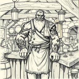 A pencil sketch illustration of a Dungeons & Dragons Goliath serving as a barkeeper in a medieval tavern