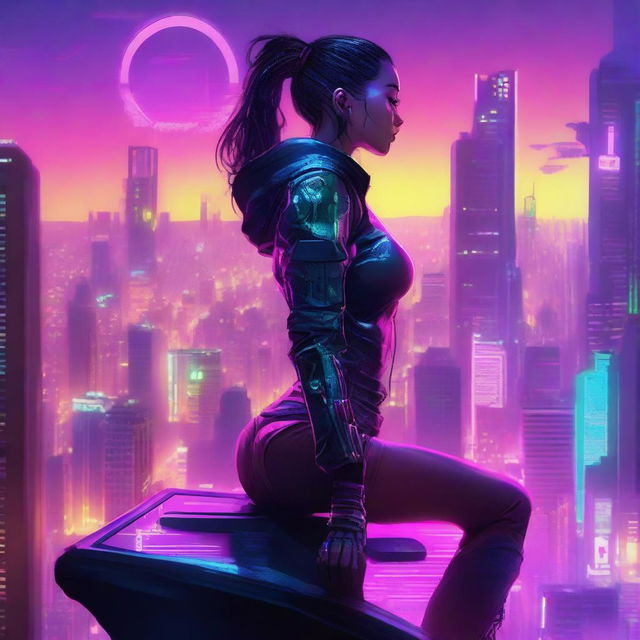 A striking digital art piece depicting a young woman in cyberpunk attire, perched high above a futuristic cityscape