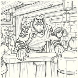 A pencil sketch illustration of a Dungeons & Dragons Goliath serving as a barkeeper in a medieval tavern