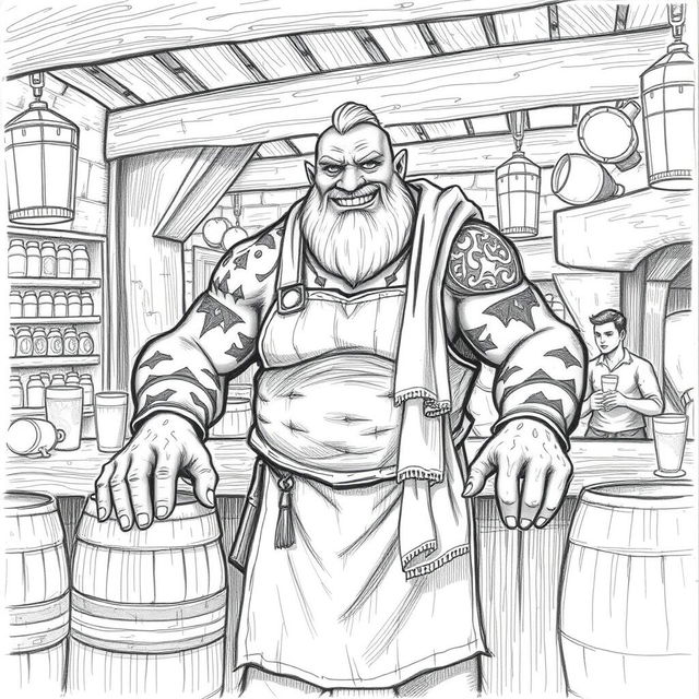 A pencil sketch illustration of a Dungeons & Dragons Goliath serving as a barkeeper in a medieval tavern