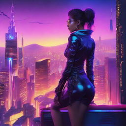 A striking digital art piece depicting a young woman in cyberpunk attire, perched high above a futuristic cityscape