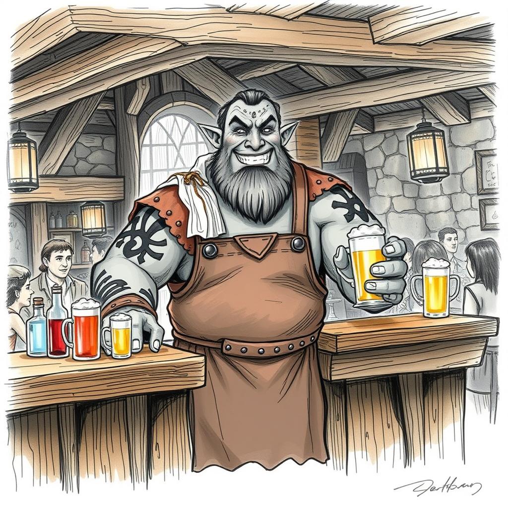 A color sketch illustration in pencil of a Dungeons & Dragons Goliath serving as a barkeeper in a medieval tavern