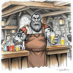 A color sketch illustration in pencil of a Dungeons & Dragons Goliath serving as a barkeeper in a medieval tavern