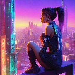 A striking digital art piece depicting a young woman in cyberpunk attire, perched high above a futuristic cityscape