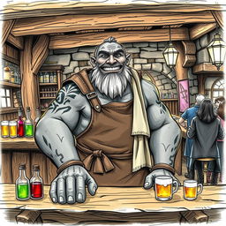 A color sketch illustration in pencil of a Dungeons & Dragons Goliath serving as a barkeeper in a medieval tavern